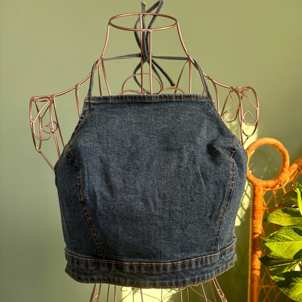 Denim halter tie tank